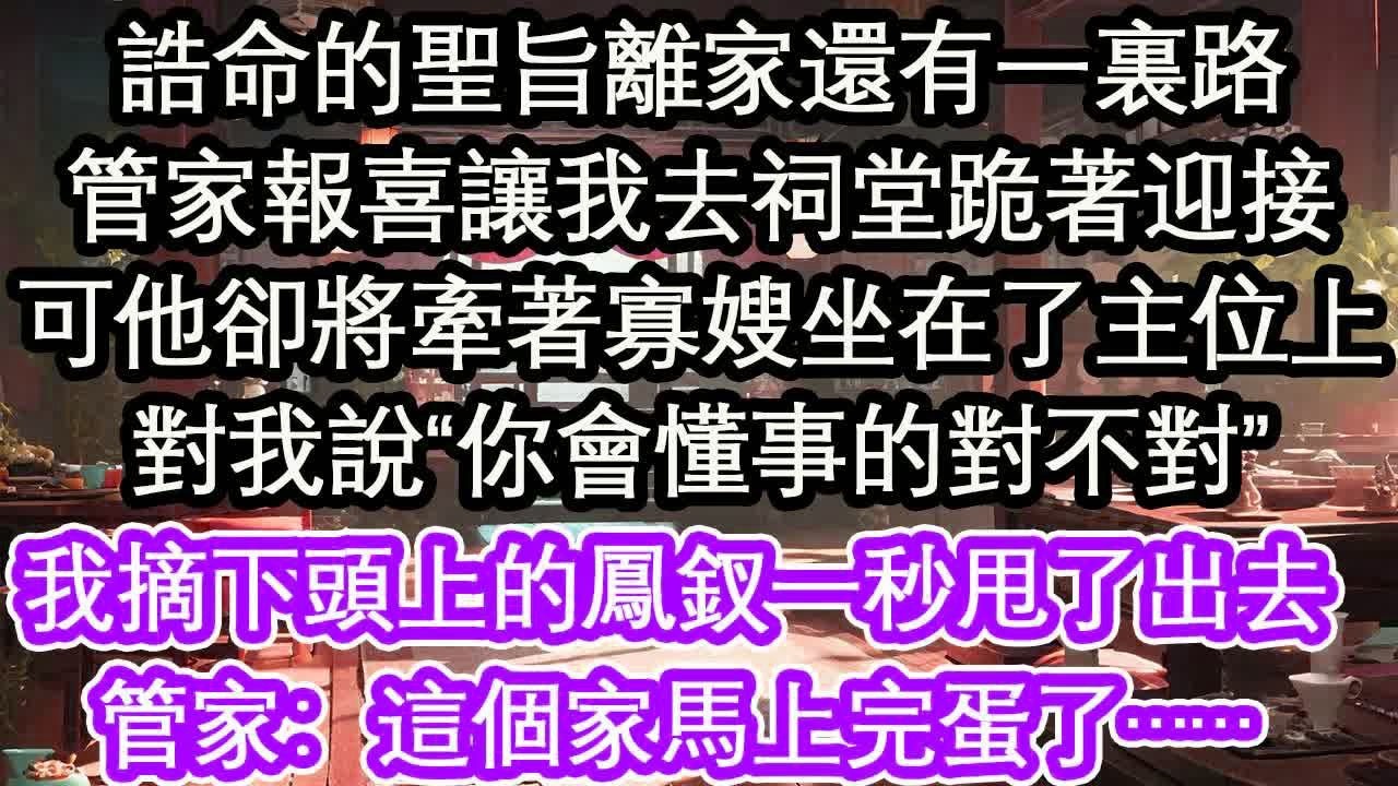 誥命的聖旨離家還有一裏路管家報喜讓我去祠堂跪著迎接可他卻將牽著寡嫂坐在了主位上對我說“你會懂事的對不對”我摘下頭上的鳳釵一秒甩了出去管家：這個家馬上完蛋了……【花開】【愛情】【生活】