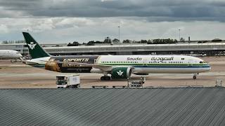 Saudia Boeing 787-10 (HZ-AR29) in the esports world cup livery pulls up onto the ramp at Manchester