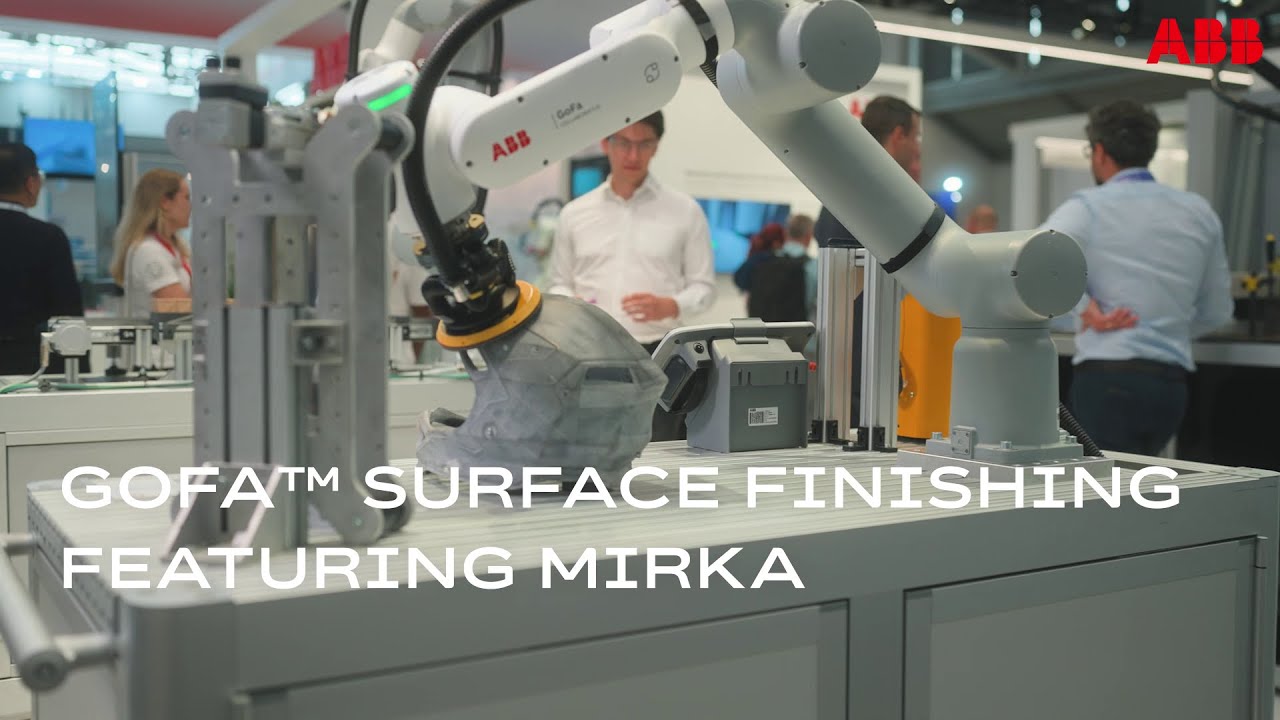 Still from ABB's video of a GoFa cobot sanding with a Mirka tool