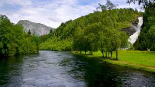 Scandinavian Mountains River Landscape 4k. Relaxing River Sounds from Mountain Waterfall 10 Hours .