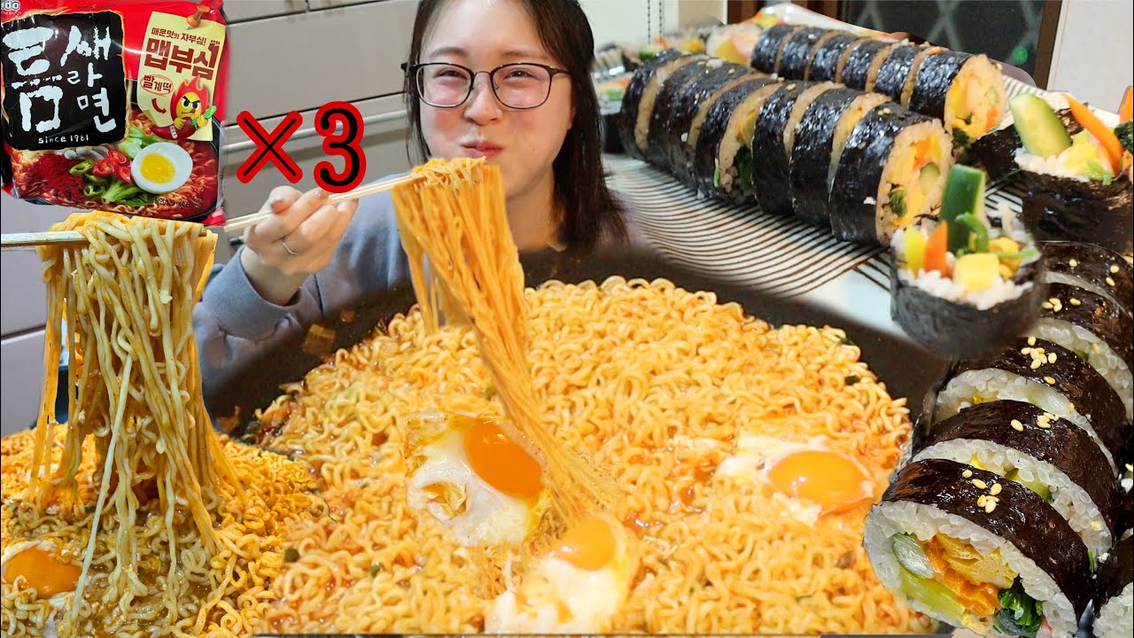 【大食い】夜食で美味しすぎ韓国激辛ラーメンに出会ってしまったwhisキンパ【2000kcal越え】