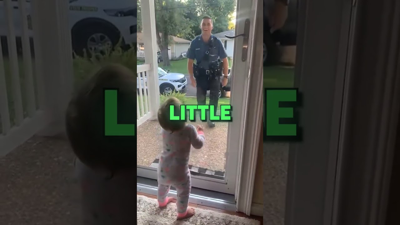 little girl gets happy when her police dad arrives home