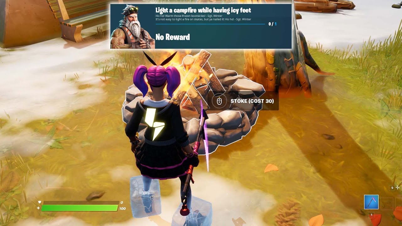 Light a campfire while having icy feet - Fortnite Winterfest Guide