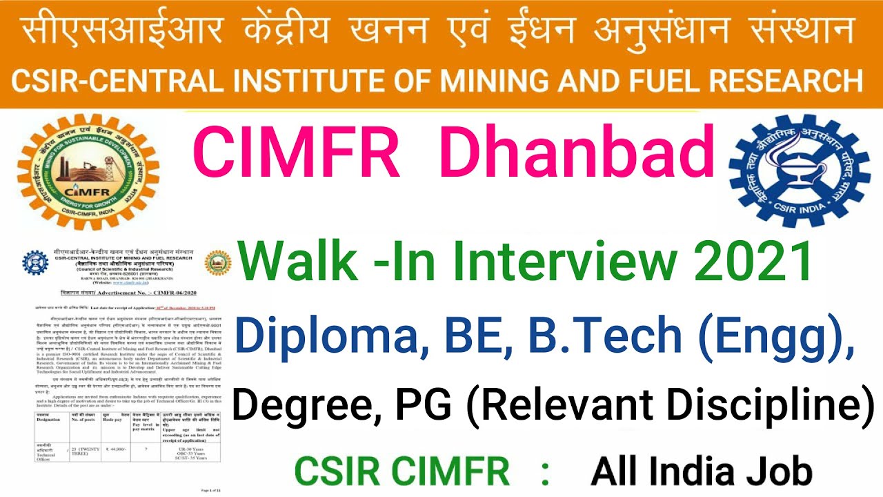 CSIR-CIMFR Dhanbad  Project Assistant I & Project AssociateII, Walk In Interview 2021||