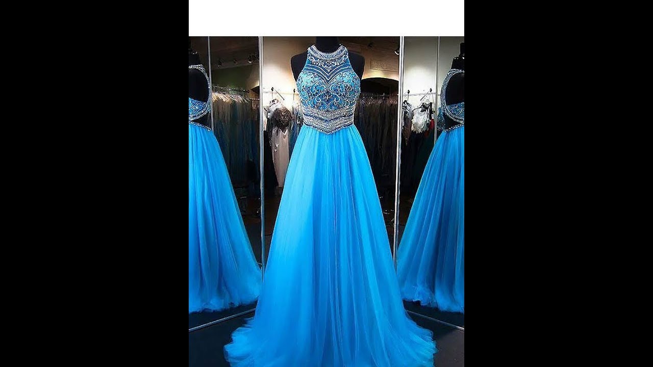 2018 A-Line Jewel Tulle Blue Prom Dress with Brush Train - Hebeos - YouTube