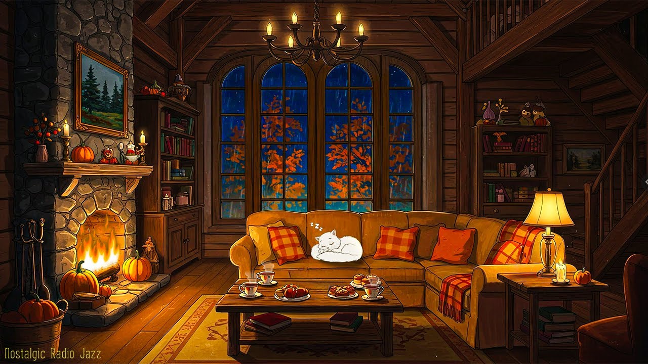 1950's rainy night in cozy autumn reading nook ambience | classic oldies playing in another room