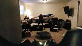 Kid Jumping Off Trampoline Onto Couch