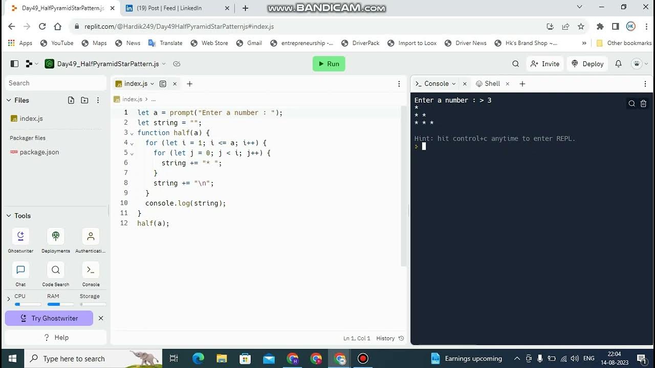 #day49 Day49 Half Pyramid Star Pattern in JavaScript ...