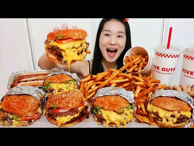 FIVE GUYS + IN-N-OUT SPREAD! 🍔🔥 Bacon Cheeseburger, Veggie Sandwich, Cajun Fries ASMR MUKBANG
