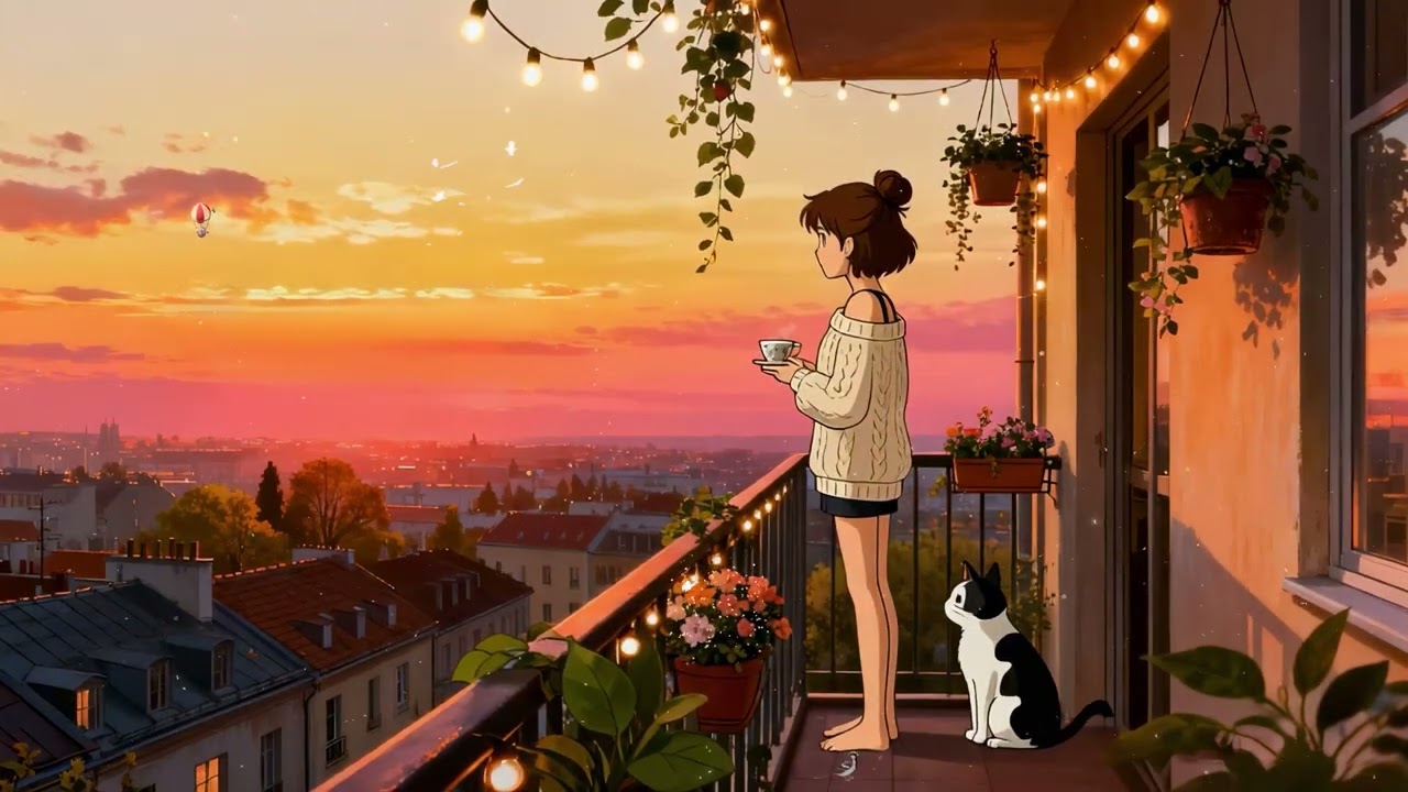 Cherry's Evening Balcony View 🌆 Dreamy Lofi Beats for Relaxation & Deep Sleep ☕ Sunset Vibes