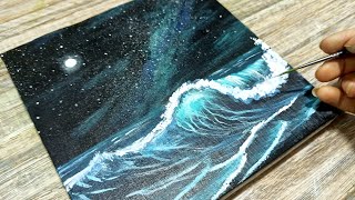 Seascape Full moon painting | Acrylic painting for beginners step by step