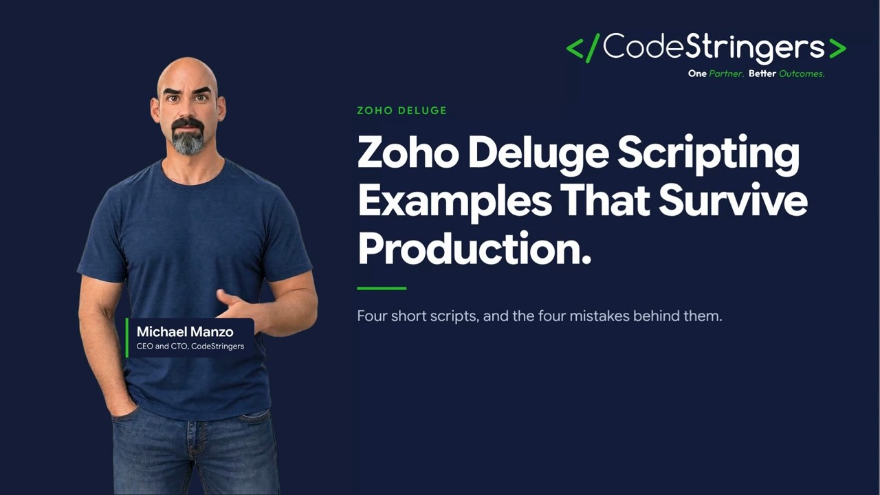 Title card: Zoho Deluge Scripting Examples, with the presenter on screen