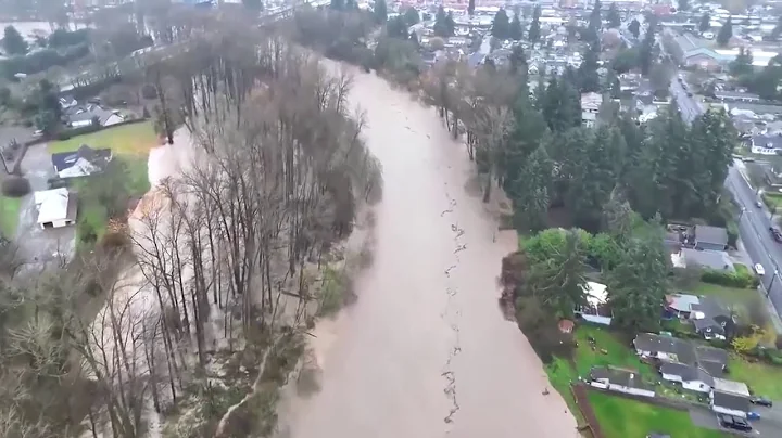 Drone footage shows river overflowing in Washington state