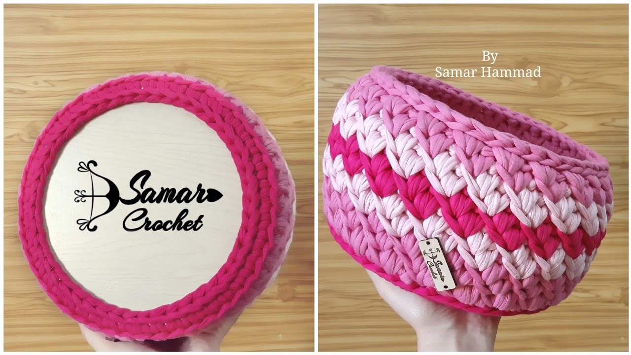 طريقة عمل سلة كروشيه بخيط الكليم على قاعدة خشب How to make a crochet basket with t-shirt yarn on a w