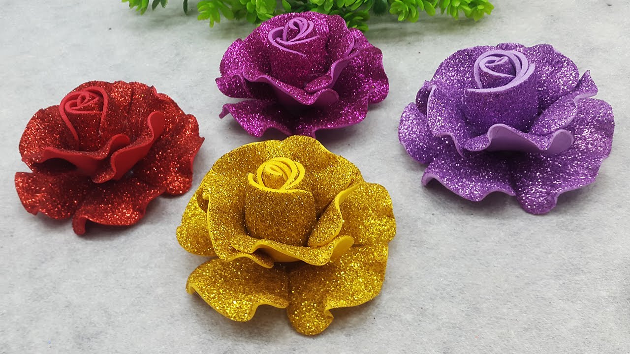 Beautiful Rose Flower From Glitter Paper, How To Make Rose Flower