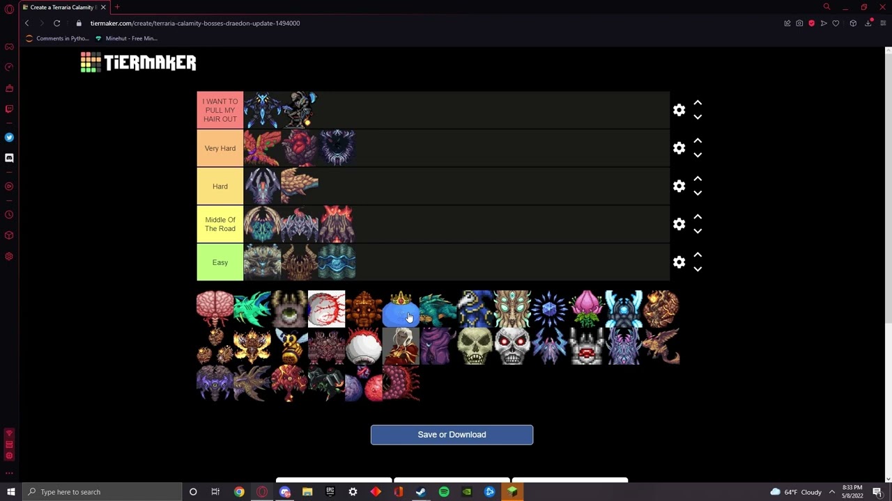 A tier list of the Terraria bosses (based on difficulty) made by