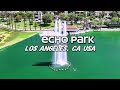 4K Drone Video of Echo Park Lake Fountain | Los Angeles Skyline Views