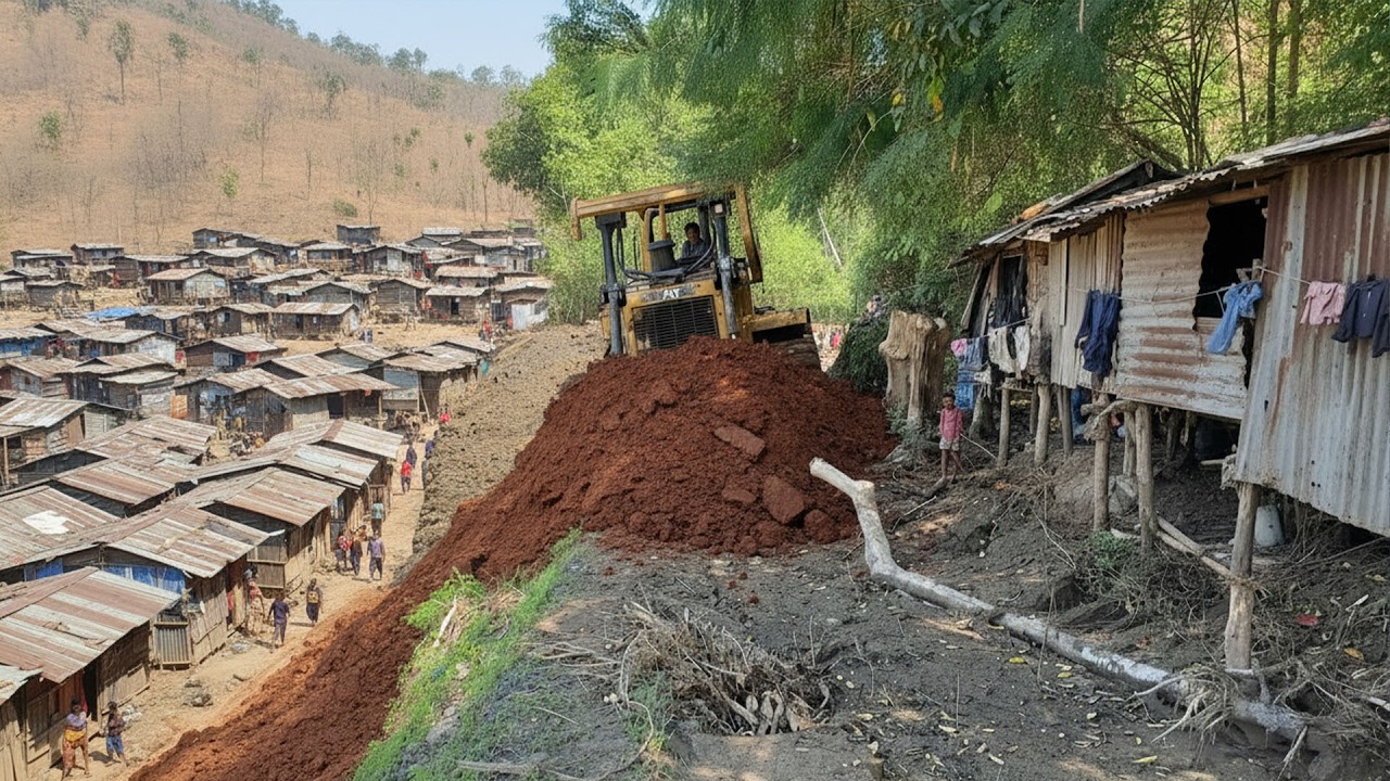 Dozer Helps Poor People in Remote Areas!Extreme Bulldozer Skills: Working on a Steep Mountain Slope.
