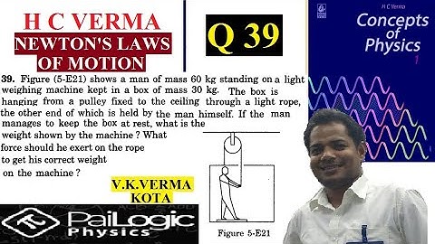 Figure (5-E21) shows a man of mass 60 kg standing on a light weighing machine kept in a box of mass