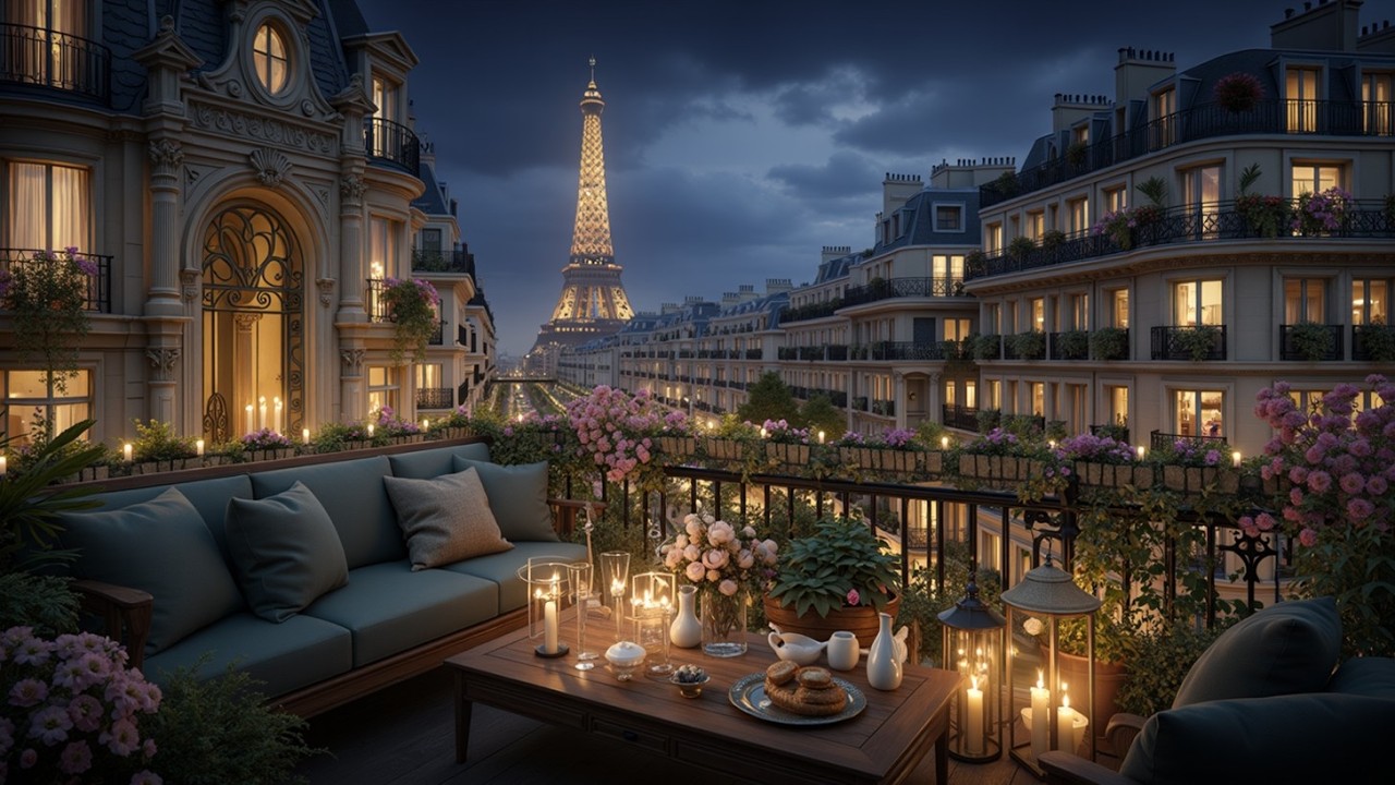 Атмосфера джаз-кафе в Париже: Эйфелева башня ночью