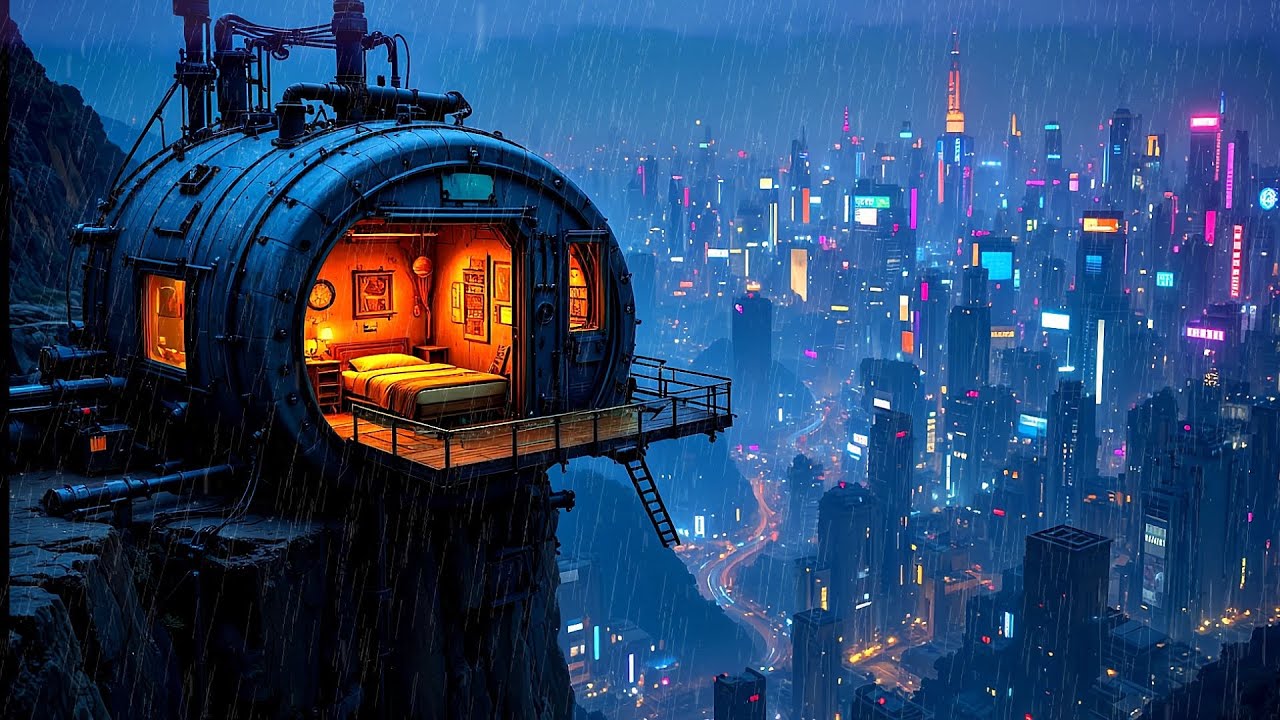 90s Cozy Room Above a Rainy Neon City | Lofi Beats to Chill & Focus