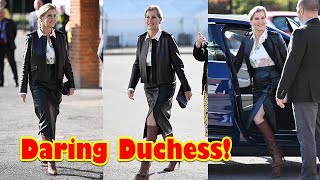 Duchess of Edinburgh sports an edgy leather skirt and knee high boots