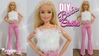 DIY Barbie Clothes Fur Fluffy Chain Straps Top & Pink Bootcut Jeans | nynnie me