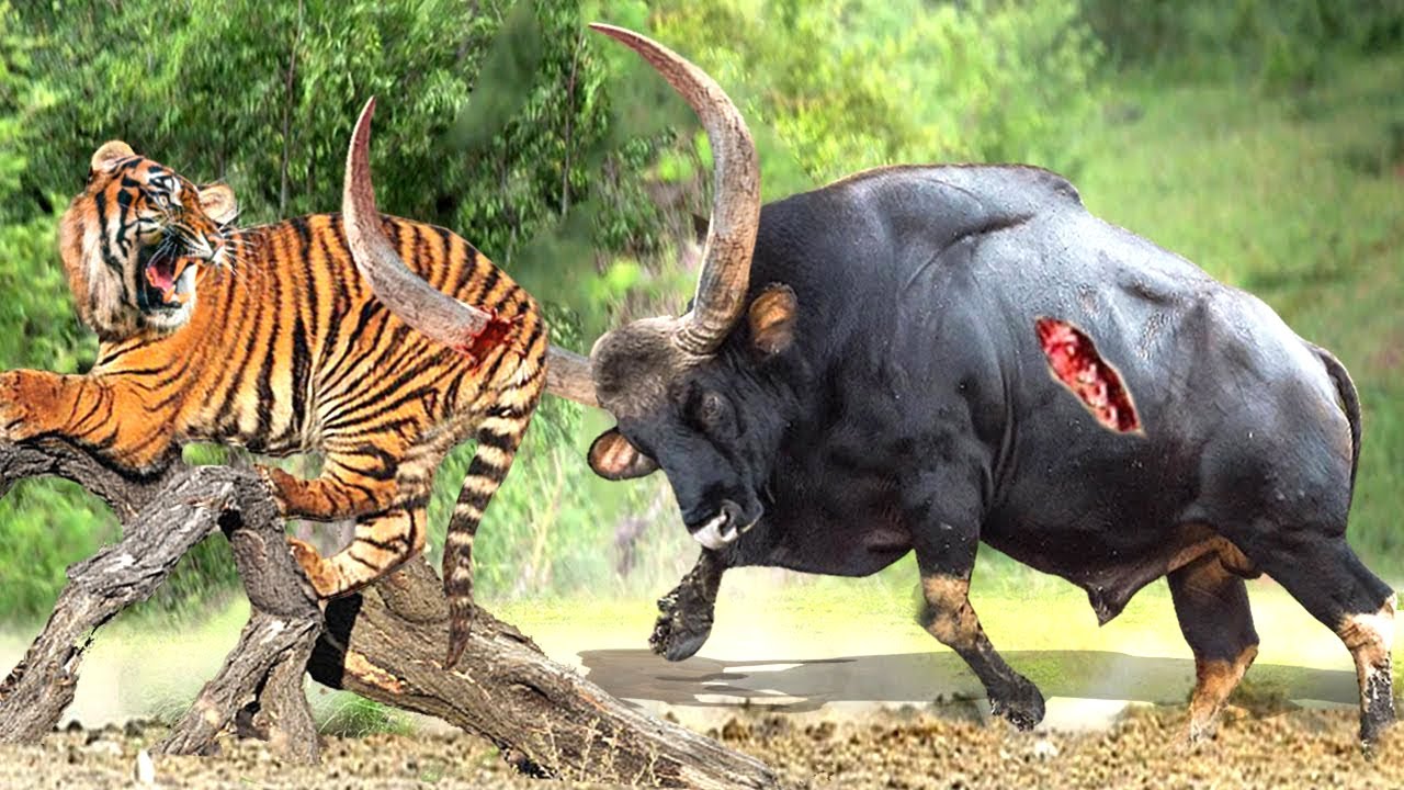Tiger Is In Danger Giant Indian Gaur Tortures Tiger To The Point Of Disability To Escape