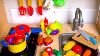 Learn Names of Fruits and Vegetables with toy velcro cutting food! 