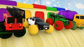 🟡🟢 Learn Colors with Police fire cars truck, Fruit Wheel Stick - Cars Cartoon Assembly Tyre 🟡🟢