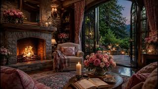 Elegant Fireside Manor Ambience 🔥 Cozy Fireplace Sounds in a Romantic Rose Living Room
