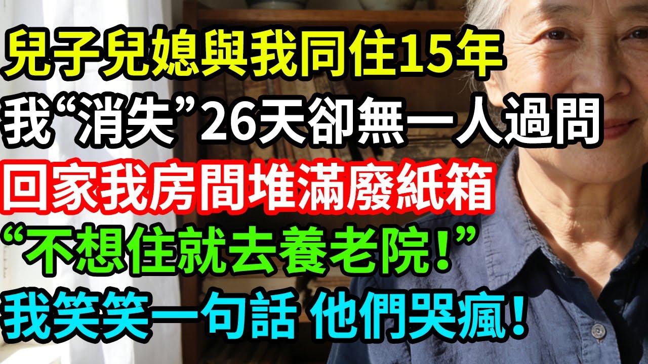 兒子兒媳與我同住15年，我消失26天卻無一人過問，回家我房間堆滿廢紙箱：“不想住就去養老院！”我笑笑一句話，他們哭瘋！