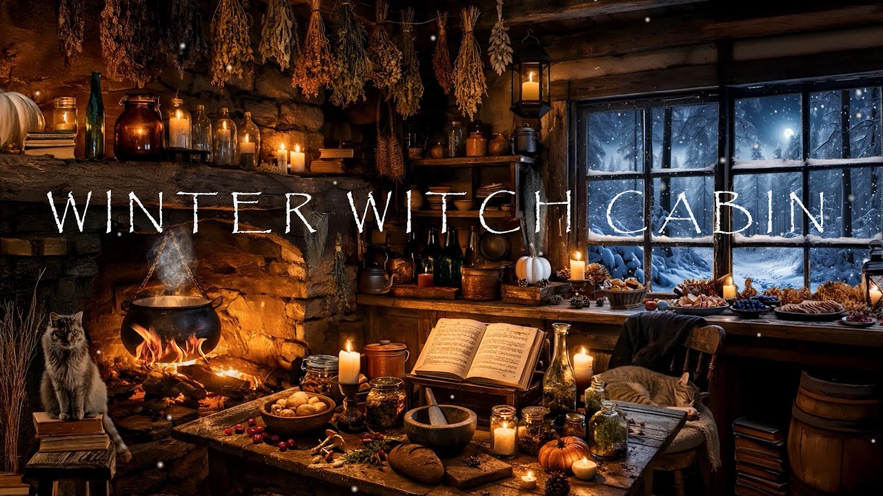 RUSTIC WINTER WITCH CABIN AMBIENCE-CRACKLING FIREPLACE-SOFT WINTER STORM SOUNDS-COZY KITCHEN