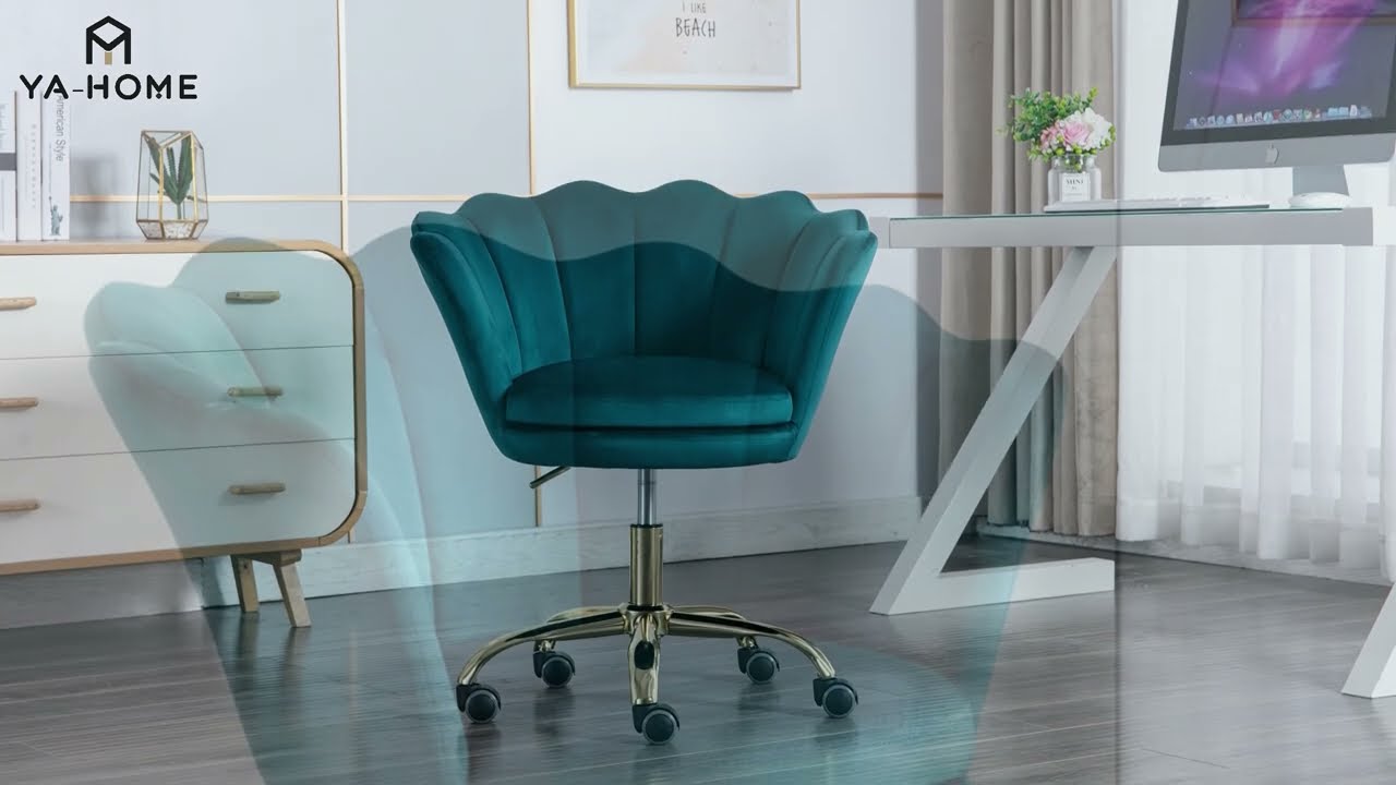 Chaise Bureau Design Velours Pivotante - Dossier Pétale Et Réglage Hauteur - Bleu Sarcelle