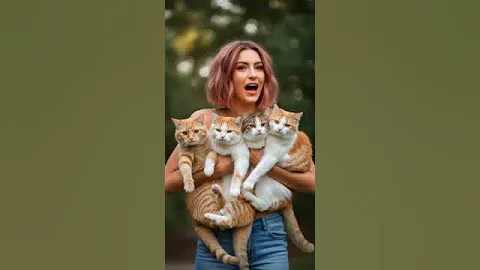 Watch the video about Cat Lover Goals! 🐱 Woman Holding 5 Adorable Cats of Different Breeds! #DreamScreenAi