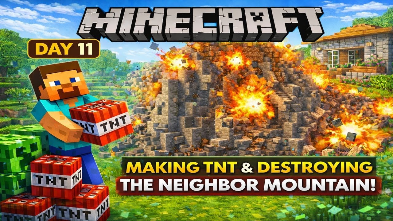 Minecraft Gameplay Day 11 💥 | TNT From Creeper Farm & Mountain Destruction