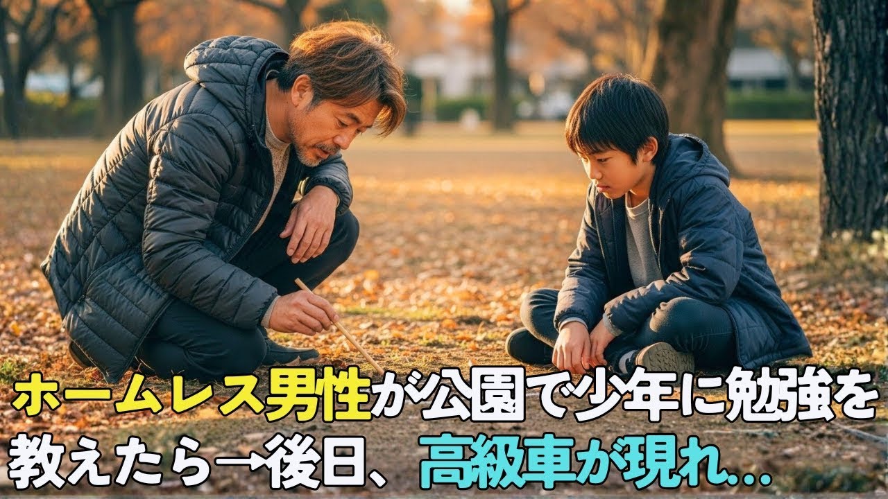 会社の上司に裏切られホームレスになった男性が公園で泣いている少年に勉強を教えてあげたら→3週間後、黒塗りの高級車が現れて…【感動する話】
