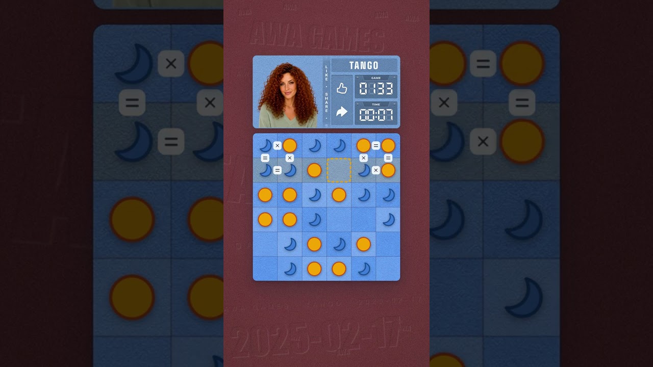LinkedIn Tango #133 solved board for February 17, 2025, 6x6 grid