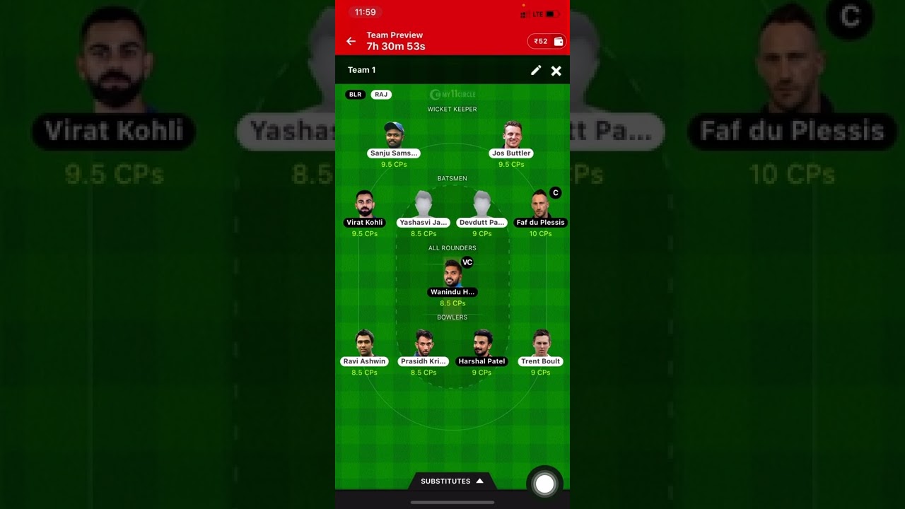 raj vs blr my 11 circle Perfect team squad￼