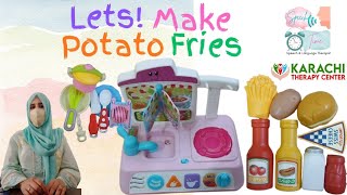 Making potato fries, while recalling ingredients & steps—simple activity, powerful speech practice!