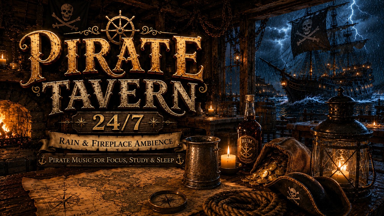 Stormy Pirate Tavern 🌧️ Sea Storm & Fireplace | Pirate Music for Study & Work