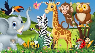 Happy animal moment: Elephant, Monkey, Giraffe, Zebra, Bee, Bird - Animals sound