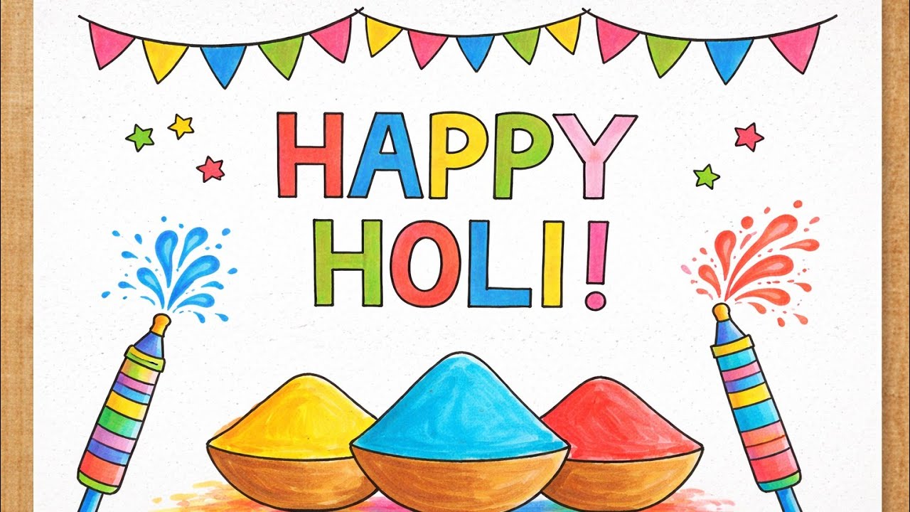 Easy Happy Holi Drawing for Beginners | Simple Holi Festival Poster | Live Drawing