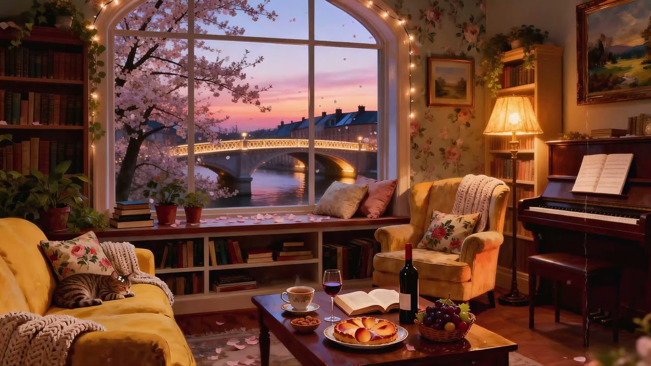 Spring Evening Jazz 🌸 Cozy Piano & Cherry Blossom Bridge View | Relaxing Vintage Ambience