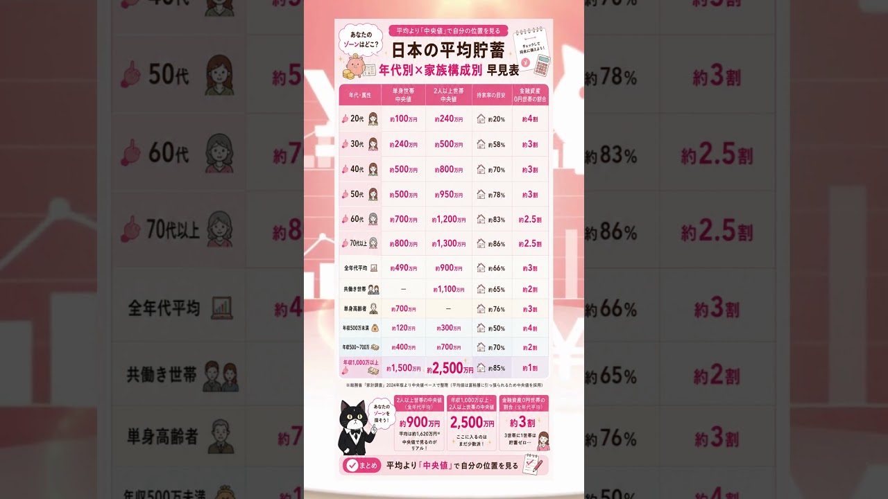 日本の平均貯蓄額 年代別×家族構成別早見表を紹介