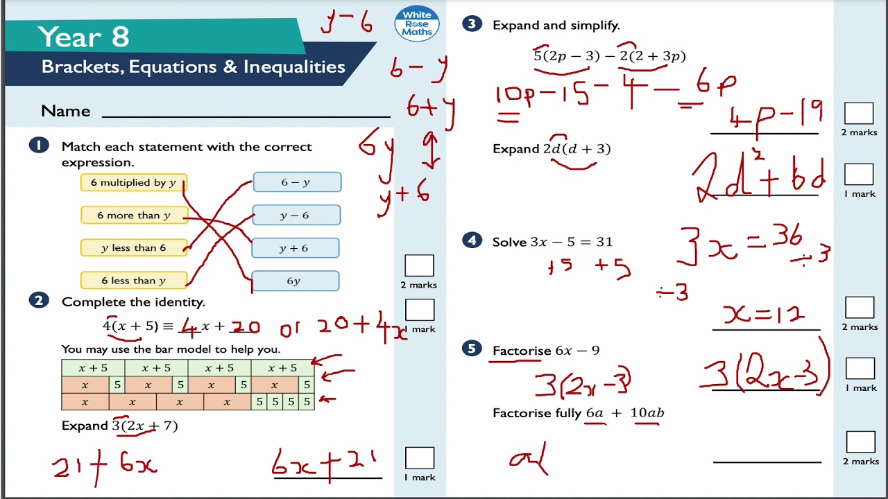 brackets equations and inequalities year 8 white rose mathematics for ks3 gcse 9 1 foundation tier youtube