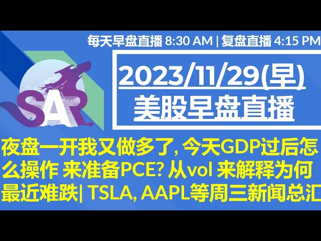 美股直播11/29[早盘] 夜盘一开我又做多了, 今天GDP过后怎么操作 来准备PCE? 从vol 来解释为何最近难跌| TSLA, AAPL等周三新闻总汇