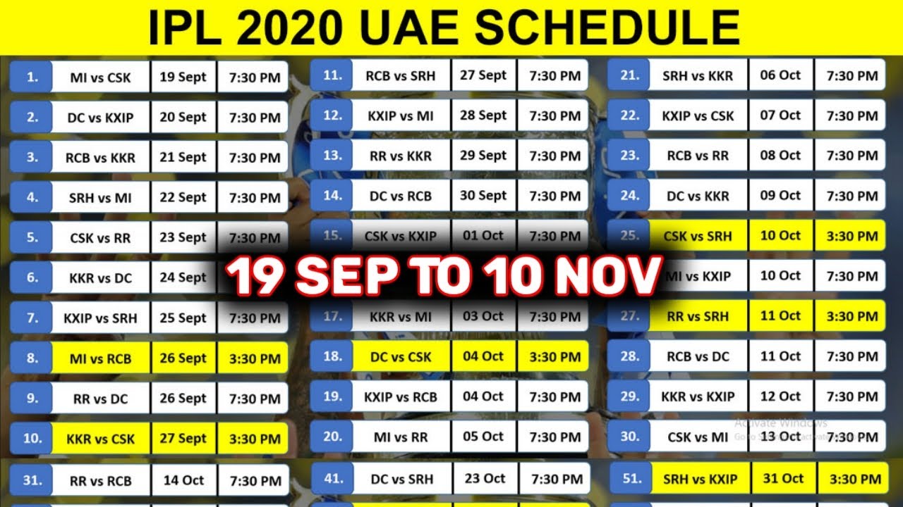 IPL 2020 UAE - Full Schedule