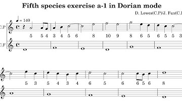 Fifth species counterpoint 1a-1 in Dorian mode for two voices