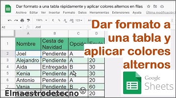 Dar formato a una tabla y aplicar colores alternos en hoja de cálculo de Google. Bordes y alineación